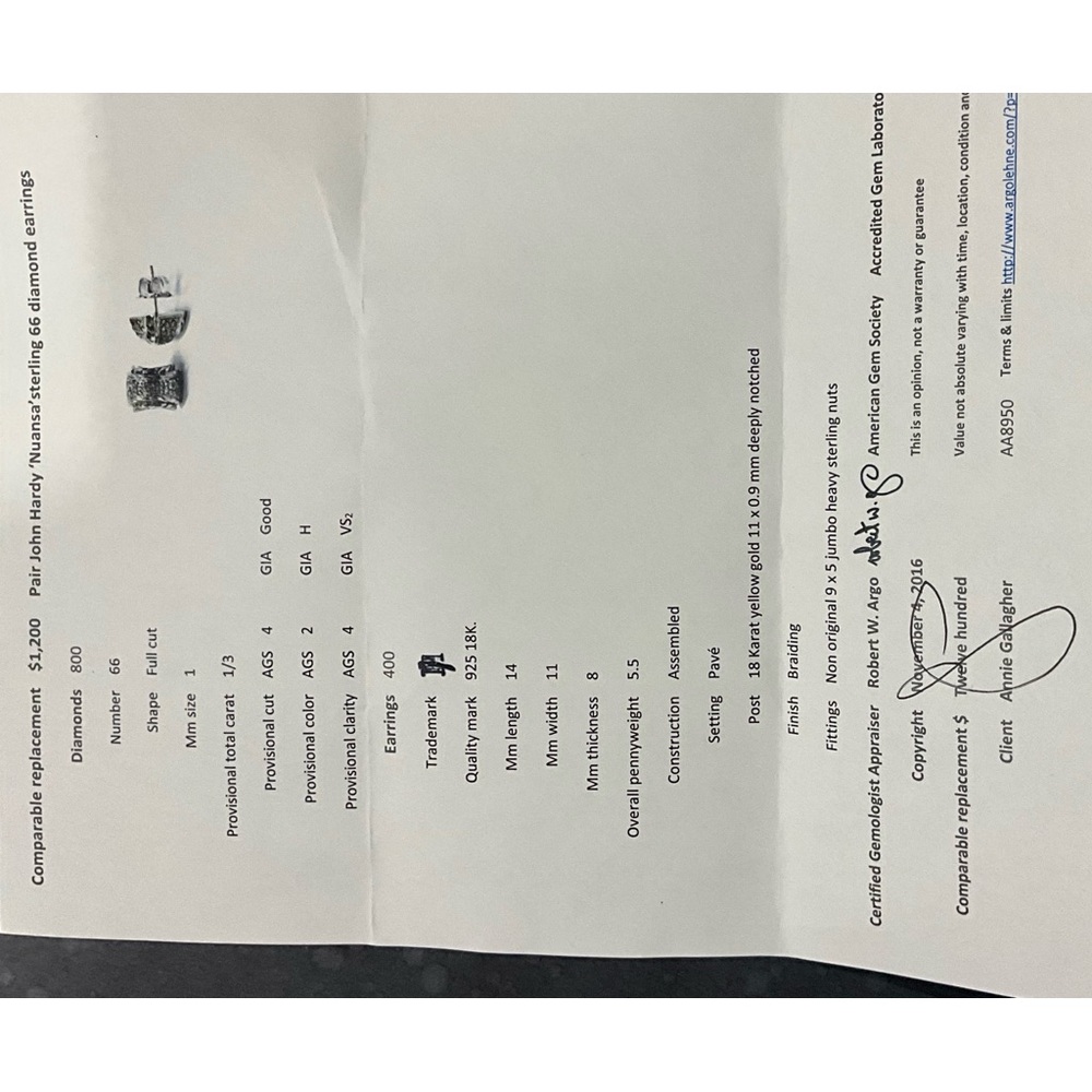 John Hardy Chain LInk Sterling, 18K Gold, Diamond Stud Dome Shaped Earrings - Picture 3 of 8